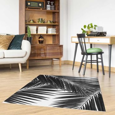 Vinyl-Teppich - Blick durch Palmenblätter schwarz weiß - Quadrat 1:1