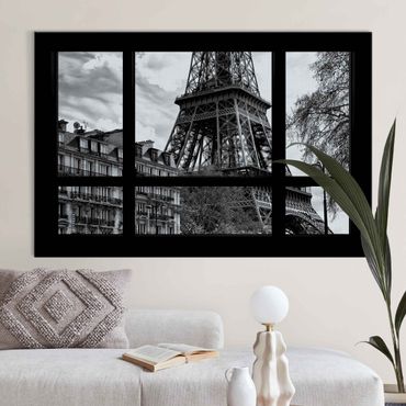 Akustikbild - Fensterausblick Paris - Nahe am Eiffelturm schwarz weiß
