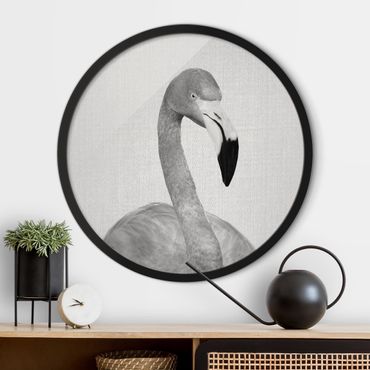 Rundes Gerahmtes Bild - Flamingo Fabian Schwarz Weiß