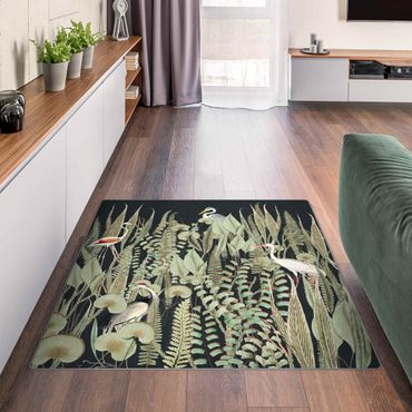 Teppich - Flamingo und Storch mit Pflanzen auf Grün