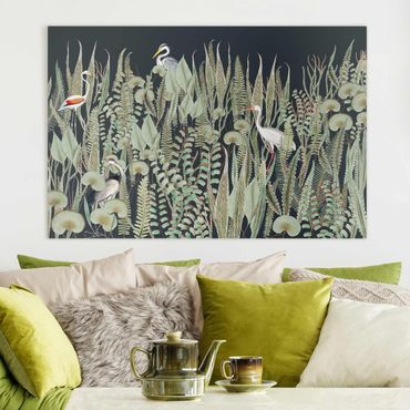 Leinwandbild - Flamingo und Storch mit Pflanzen auf Grün - Querformat 3:2