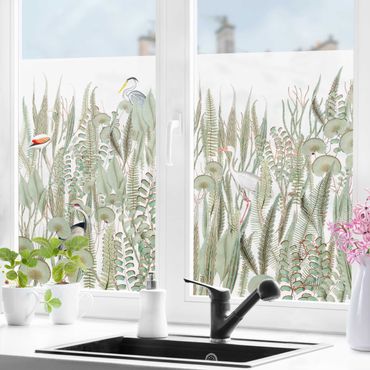 Fensterfolie - Sichtschutz - Flamingo und Storch mit Pflanzen - Fensterbilder