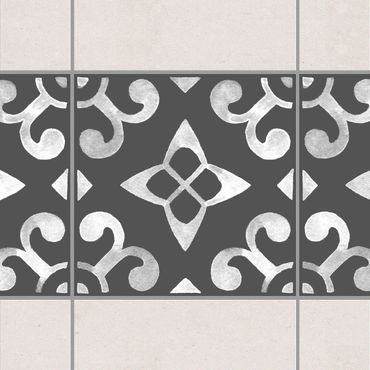Fliesen Bordüre - Muster Dunkelgrau Weiß Serie No.05 - 15cm x 15cm Fliesensticker Set