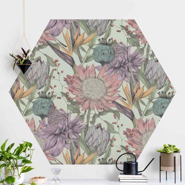 Hexagon Mustertapete selbstklebend - Florale Eleganz in Pastell auf Mint XXL