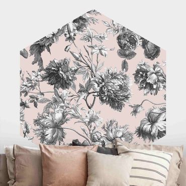 Hexagon Tapete selbstklebend - Floraler Kupferstich Graubeige