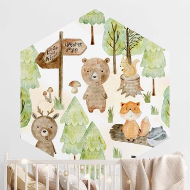 Hexagon Mustertapete selbstklebend - Fuchs und Bär mit Bäumen