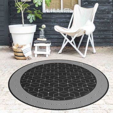 Runder Vinyl-Teppich - Geometrische Fliesen Punktlinien Schwarz mit Bordüre