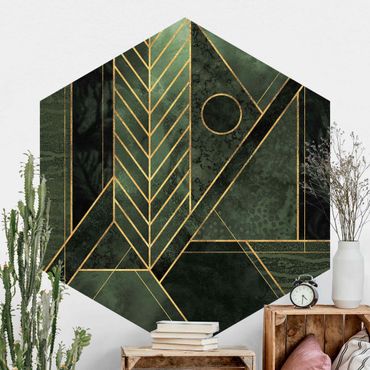 Hexagon Mustertapete selbstklebend - Geometrische Formen Smaragd Gold
