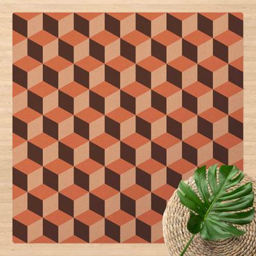 Kork-Teppich - Geometrischer Fliesenmix Würfel Orange - Quadrat 1:1