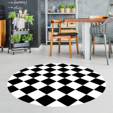 Runder Vinyl-Teppich - Geometrisches Muster gedrehtes Schachbrett Schwarz Weiß