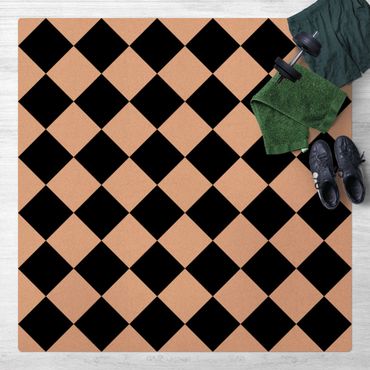 Kork-Teppich - Geometrisches Muster gedrehtes Schachbrett Schwarz Weiß - Quadrat 1:1