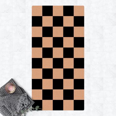 Kork-Teppich - Geometrisches Muster Schachbrett Schwarz Weiß - Hochformat 1:2