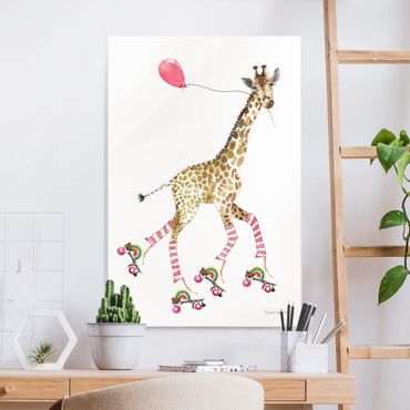 Glasbild - Giraffe auf Freudenfahrt - Hochformat