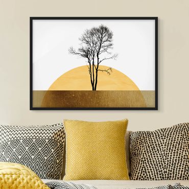 Bild mit Rahmen - Goldene Sonne mit Baum - Querformat