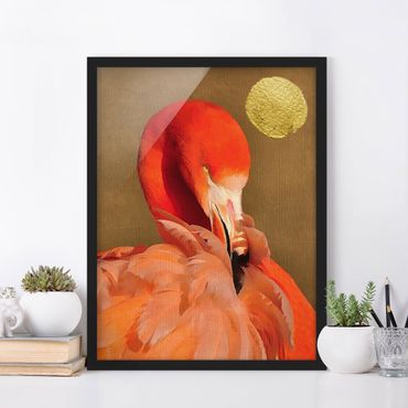 Bild mit Rahmen - Goldener Mond mit Flamingo - Hochformat