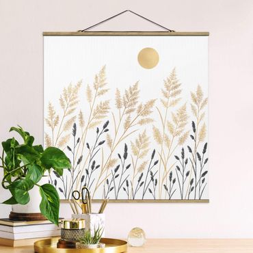 Stoffbild mit Posterleisten - Gräser und Mond in Gold und Schwarz - Quadrat