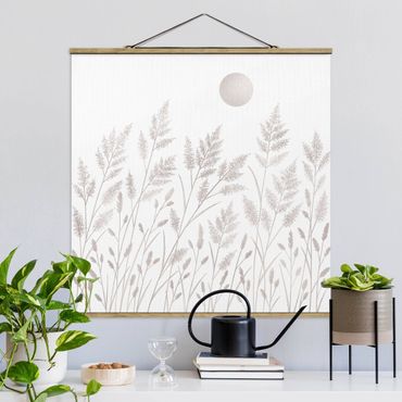 Stoffbild mit Posterleisten - Gräser und Mond in Silber - Quadrat