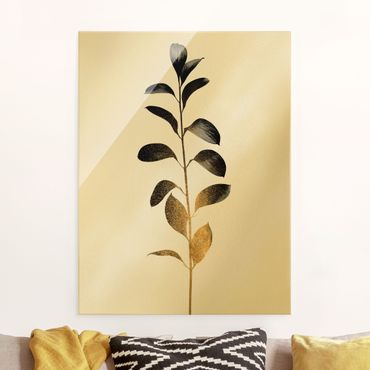 Glasbild - Grafische Pflanzenwelt - Gold und Grau - Hochformat 3:4