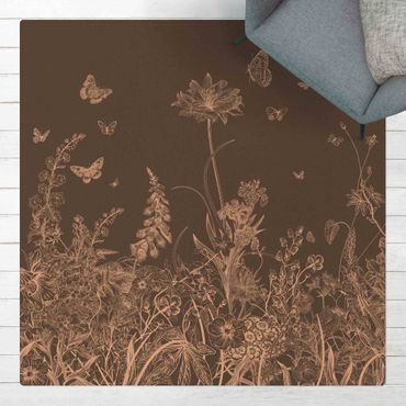 Kork-Teppich - Große Blumen mit Schmetterlingen in Grau - Quadrat 1:1