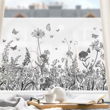 Fensterfolie - Sichtschutz - Große Blumen mit Schmetterlingen in Schwarz - Fensterbilder