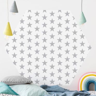 Hexagon Mustertapete selbstklebend - Große graue Sterne auf Weiß