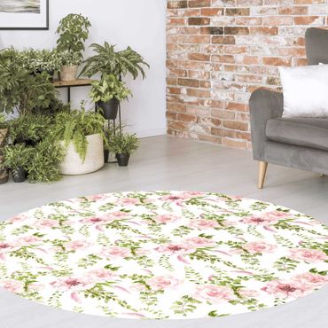 Runder Vinyl-Teppich - Grüne Blätter mit Rosa Blüten in Aquarell