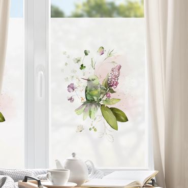 Fensterfolie - Sichtschutz - Grüner Vogel mit Blüten - Fensterbilder
