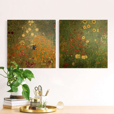 Leinwandbild 2-teilig - Gustav Klimt - Im grünen Garten - Quadrate 1:1