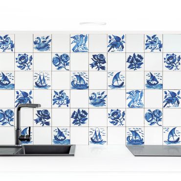 Küchenrückwand - Handgemalte Fliesen mit Blumen, Schiffen und Vögeln