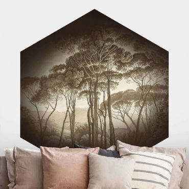Hexagon Mustertapete selbstklebend - Hendrik Voogd Landschaft mit Bäumen in Beige
