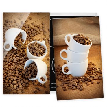 Herdabdeckplatte Glas - 3 Espressotassen mit Kaffeebohnen