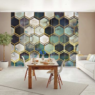 Schiebegardinen Set - Hexagonträume Aquarell mit Gold - Flächenvorhang