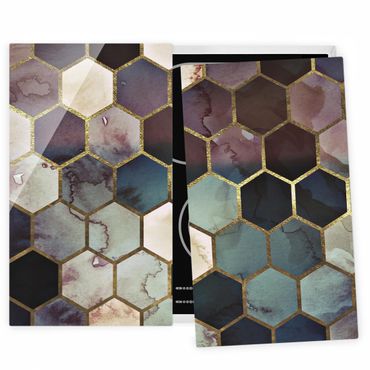 Herdabdeckplatte Glas - Hexagonträume Aquarell Muster