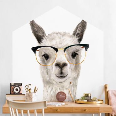 Hexagon Mustertapete selbstklebend - Hippes Lama mit Brille I