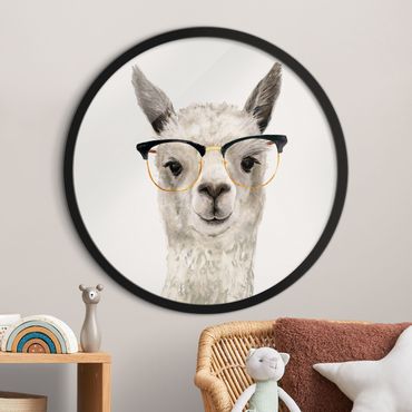 Rundes Gerahmtes Bild - Hippes Lama mit Brille I