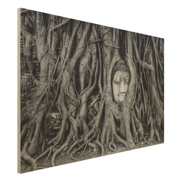 Holzbild - Buddha in Ayutthaya von Baumwurzeln gesäumt in Schwarzweiß - Quer 3:2