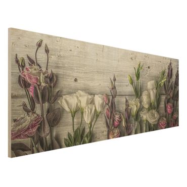 Holzbild - Tulpen-Rose Shabby Holzoptik - Panorama Quer
