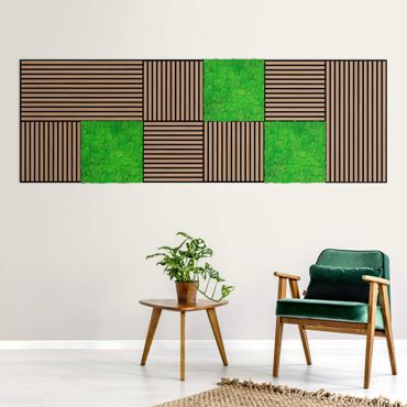 Akustikpaneele & Moospaneele - Holzwand Eiche dunkel & Mooswand grasgrün Wandcollage