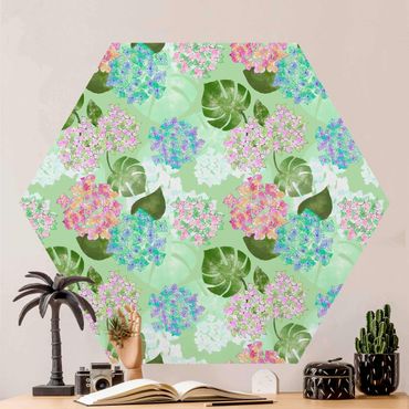 Hexagon Mustertapete selbstklebend - Hortensie im Paradies Grün