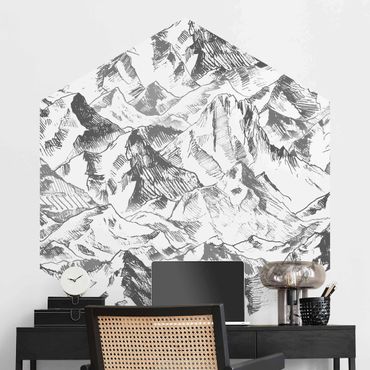 Hexagon Mustertapete selbstklebend - Illustration Berglandschaft Grau