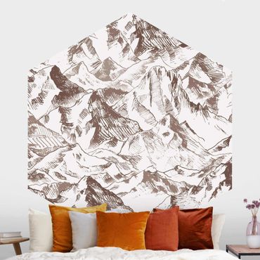 Hexagon Fototapete selbstklebend - Illustration Berglandschaft Sepia