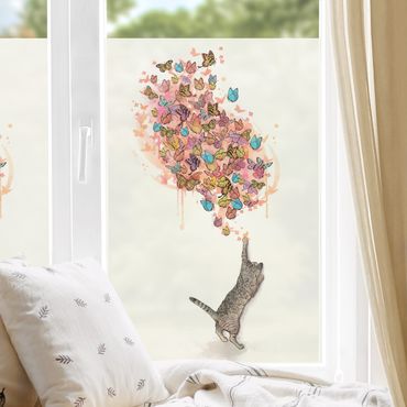 Fensterfolie - Sichtschutz - Illustration Katze mit bunten Schmetterlingen Malerei - Fensterbilder