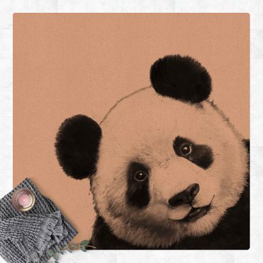Kork-Teppich - Illustration Panda Schwarz Weiß Malerei - Quadrat 1:1