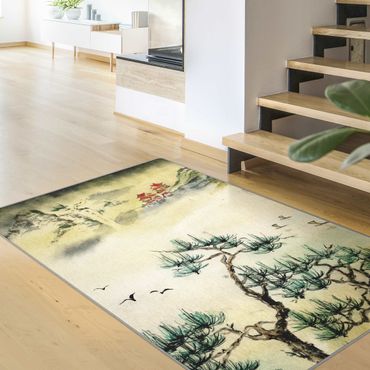 Teppich - Japanische Aquarell Zeichnung Kiefer und Bergdorf