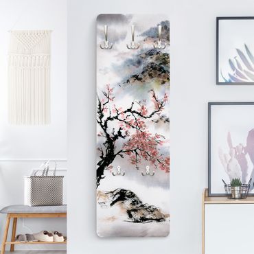 Garderobe - Japanische Aquarell Zeichnung Kirschbaum und Berge
