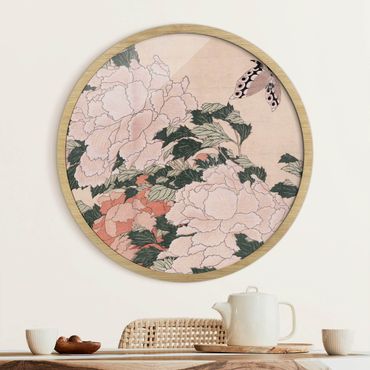 Rundes Gerahmtes Bild - Katsushika Hokusai - Rosa Pfingstrosen mit Schmetterling