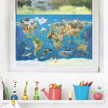 Kinder Fensterfolie Sichtschutz - Weltkarte mit Tieren - Fensterbild