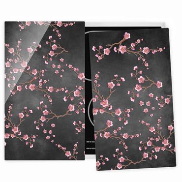 Herdabdeckplatte Glas - Kirschblüten auf Schwarz