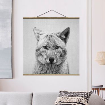 Stoffbild mit Posterleisten - Kojote Kalle Schwarz Weiß - Quadrat 1:1