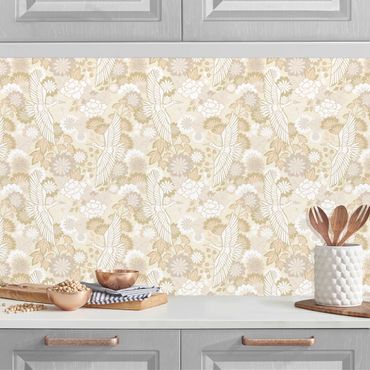 Küchenrückwand - Kraniche und Chrysanthemen Beige